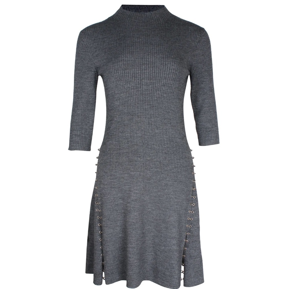 Embellished Ribbed-Knit Mini Dress In Grey Acrylic
